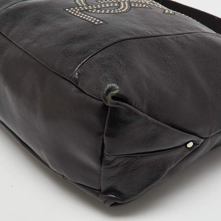 Pre Owned Yves Saint Laurent Black Leather Logo Studded Hobo