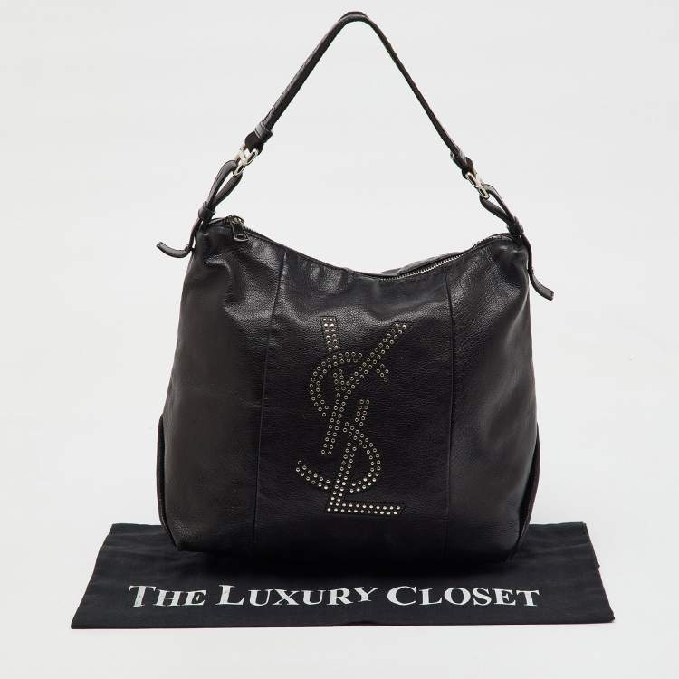 Pre Owned Yves Saint Laurent Black Leather Logo Studded Hobo