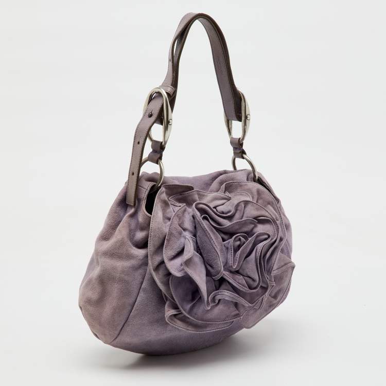 Pre Owned Yves Saint Laurent Light Purple Suede Flap Flower Shoulder Bag
