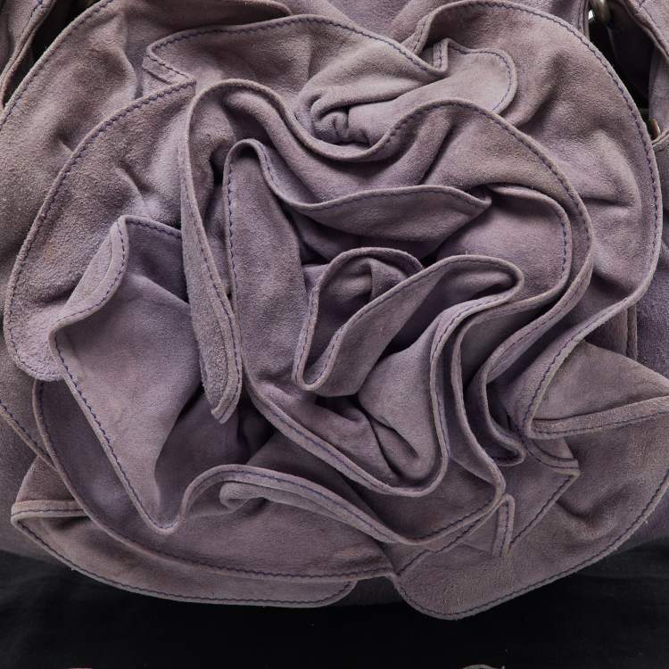 Pre Owned Yves Saint Laurent Light Purple Suede Flap Flower Shoulder Bag