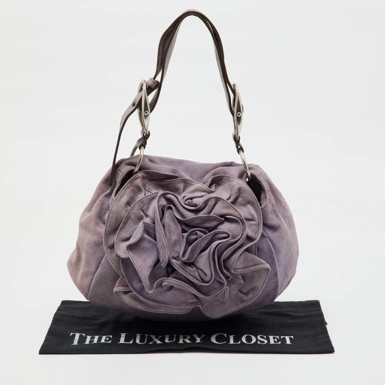 Pre Owned Yves Saint Laurent Light Purple Suede Flap Flower Shoulder Bag