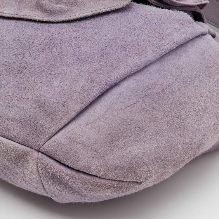 Pre Owned Yves Saint Laurent Light Purple Suede Flap Flower Shoulder Bag