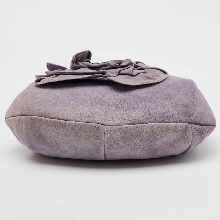 Pre Owned Yves Saint Laurent Light Purple Suede Flap Flower Shoulder Bag
