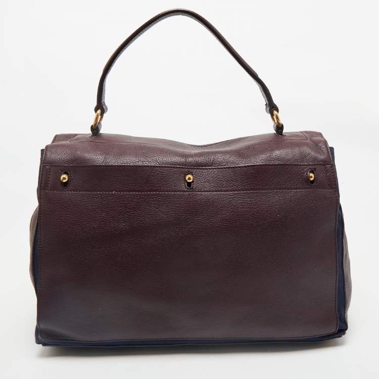 Pre Owned Yves Saint Laurent Burgundy/Blue Leather and Fabric Large Muse Two Top Handle Bag
