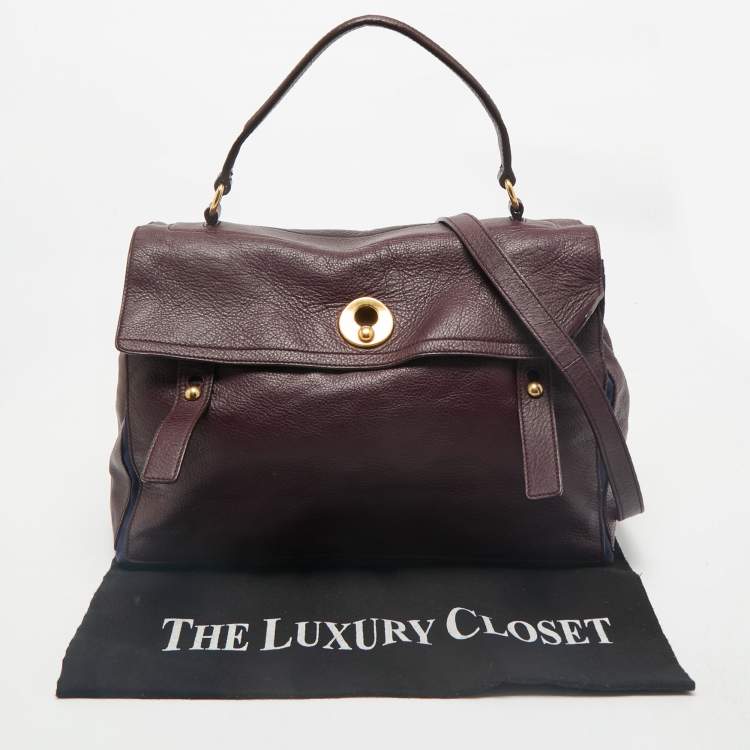 Pre Owned Yves Saint Laurent Burgundy/Blue Leather and Fabric Large Muse Two Top Handle Bag