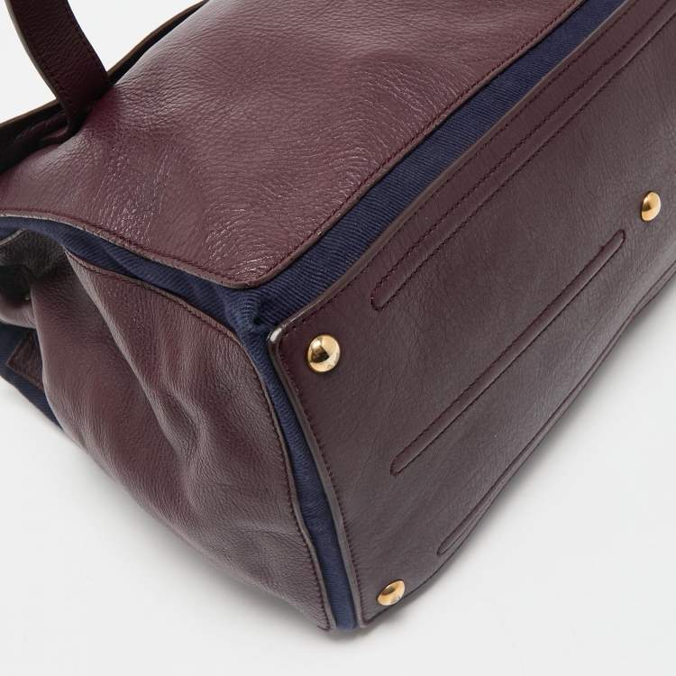 Pre Owned Yves Saint Laurent Burgundy/Blue Leather and Fabric Large Muse Two Top Handle Bag