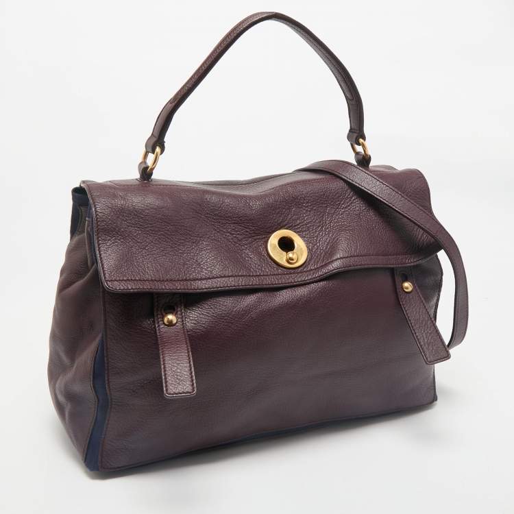 Pre Owned Yves Saint Laurent Burgundy/Blue Leather and Fabric Large Muse Two Top Handle Bag