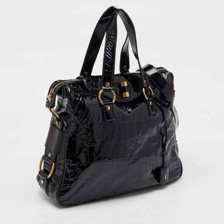 Pre Owned Yves Saint Laurent Black Croc Embossed Patent Leather Muse Messenger Bag