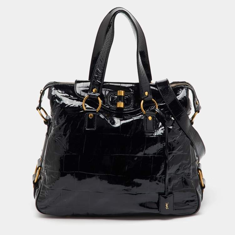 Pre Owned Yves Saint Laurent Black Croc Embossed Patent Leather Muse Messenger Bag
