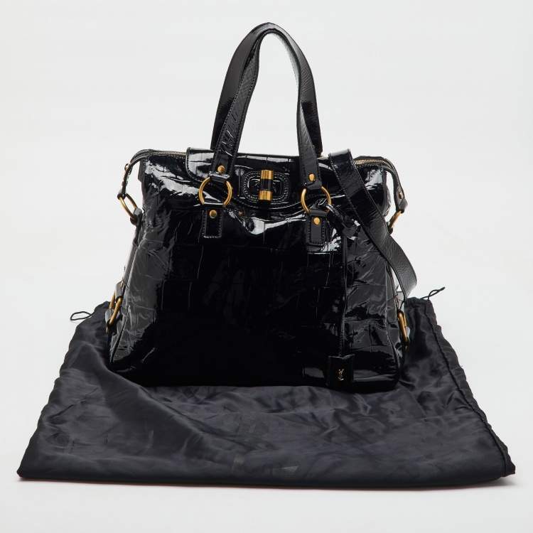 Pre Owned Yves Saint Laurent Black Croc Embossed Patent Leather Muse Messenger Bag