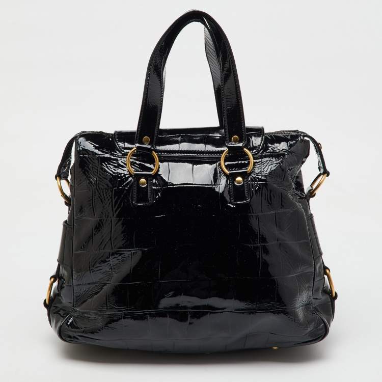 Pre Owned Yves Saint Laurent Black Croc Embossed Patent Leather Muse Messenger Bag