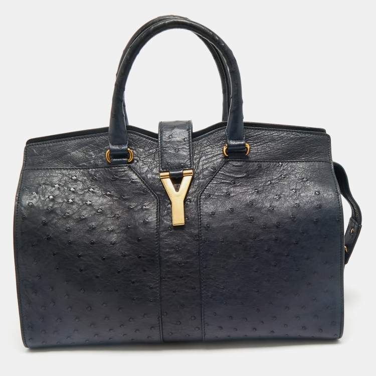 Pre Owned Yves Saint Laurent Navy Blue Ostrich Medium Cabas Chyc Tote
