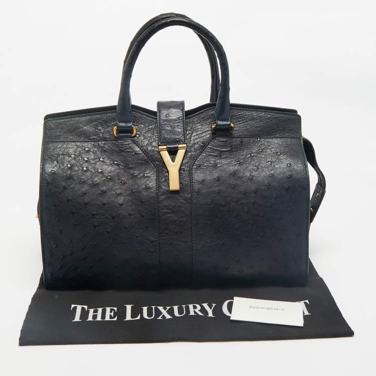 Pre Owned Yves Saint Laurent Navy Blue Ostrich Medium Cabas Chyc Tote