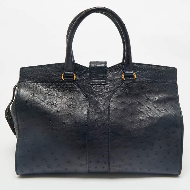 Pre Owned Yves Saint Laurent Navy Blue Ostrich Medium Cabas Chyc Tote
