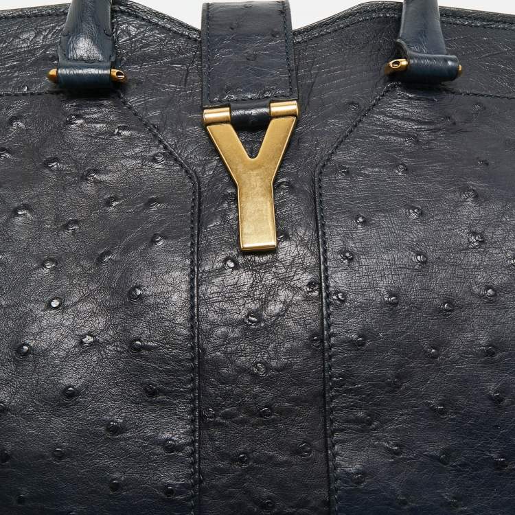 Pre Owned Yves Saint Laurent Navy Blue Ostrich Medium Cabas Chyc Tote