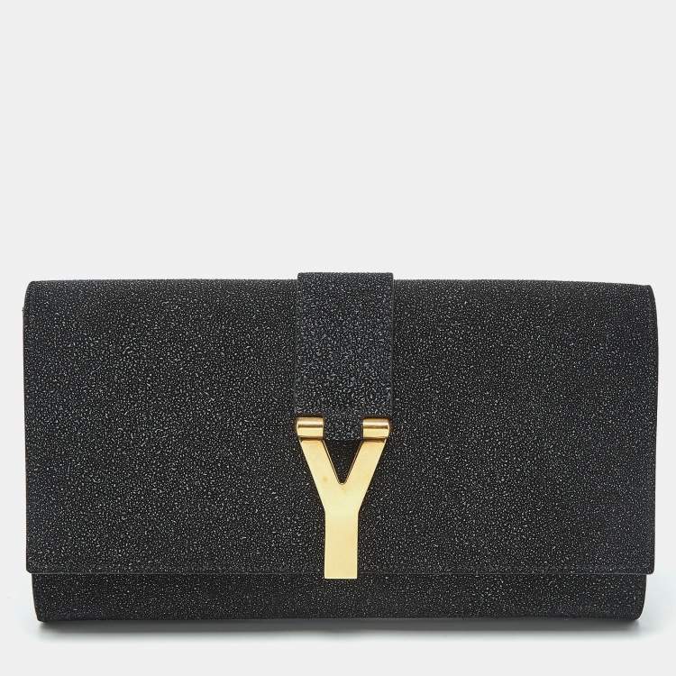 Pre Owned Yves Saint Laurent Black Textured Coated Suede Y-Ligne Clutch
