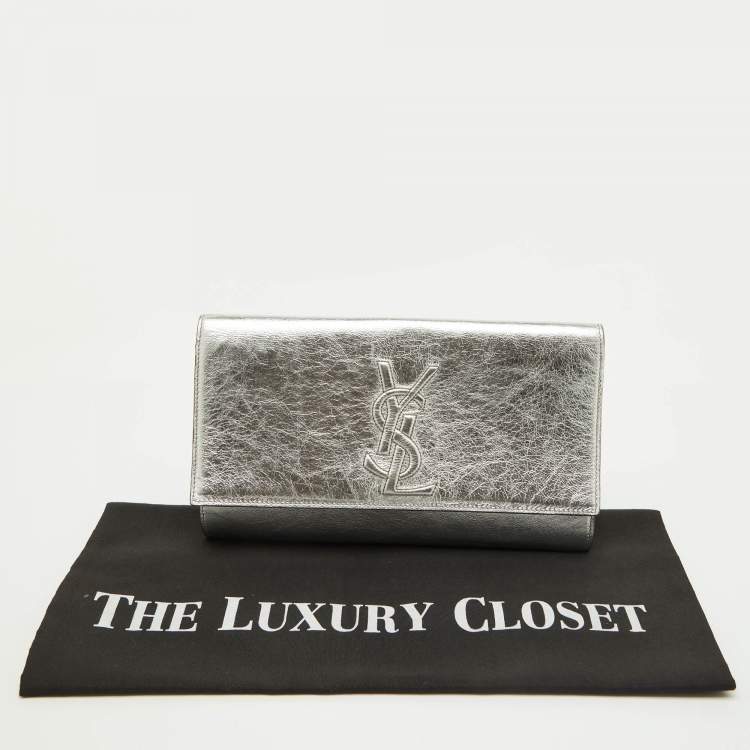 Pre Owned Yves Saint Laurent Metallic Silver Leather Belle De Jour Flap Clutch