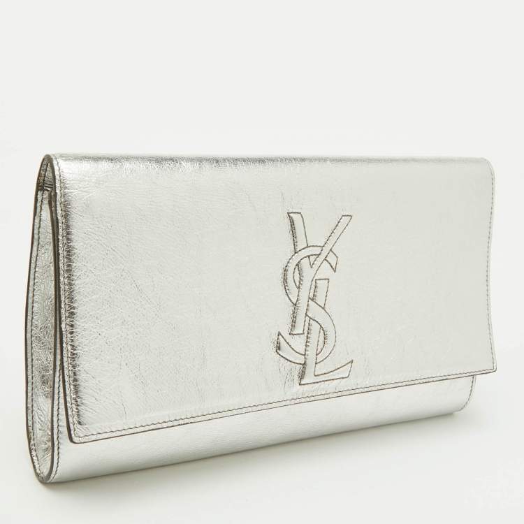 Pre Owned Yves Saint Laurent Metallic Silver Leather Belle De Jour Flap Clutch
