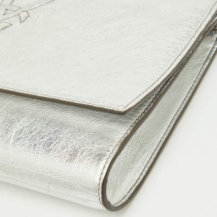 Pre Owned Yves Saint Laurent Metallic Silver Leather Belle De Jour Flap Clutch