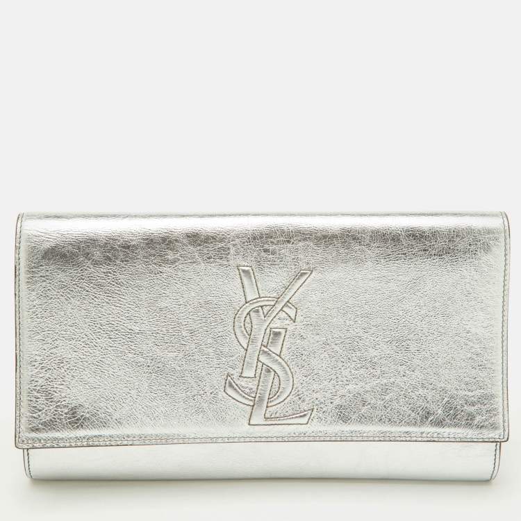 Pre Owned Yves Saint Laurent Metallic Silver Leather Belle De Jour Flap Clutch