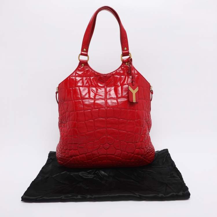 Pre Owned Yves Saint Laurent Red Croc Embossed Patent Leather Tribute Tote