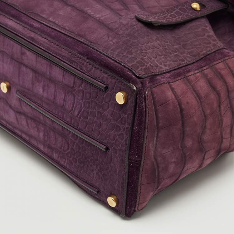 Pre Owned Yves Saint Laurent Purple Croc Embossed Leather and Suede Muse Two Top Handle Bag