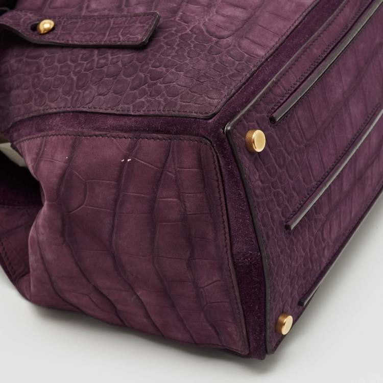 Pre Owned Yves Saint Laurent Purple Croc Embossed Leather and Suede Muse Two Top Handle Bag