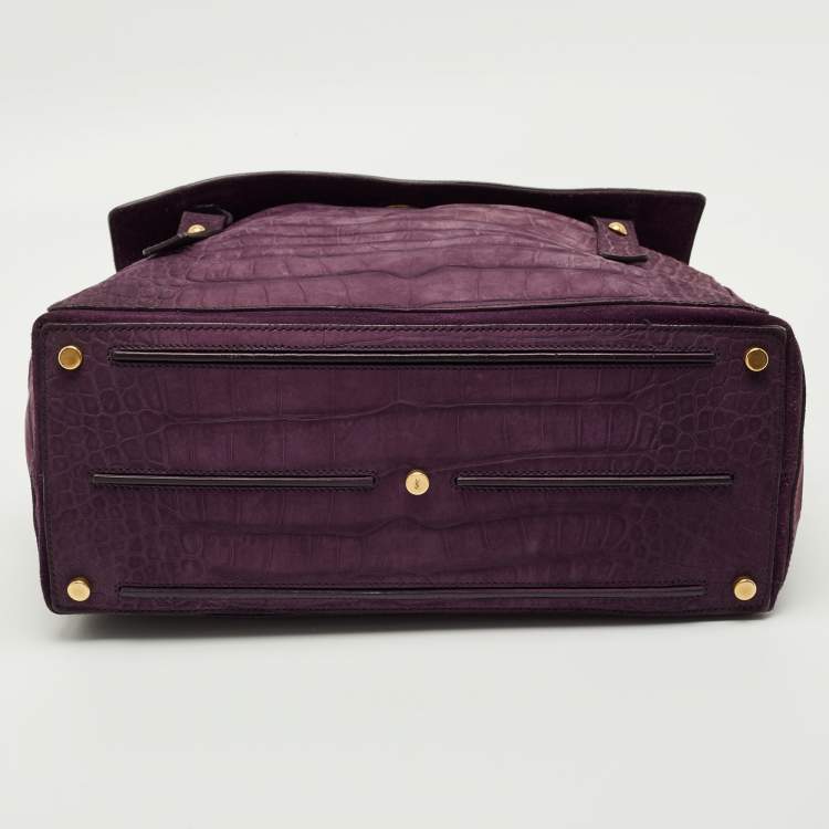 Pre Owned Yves Saint Laurent Purple Croc Embossed Leather and Suede Muse Two Top Handle Bag