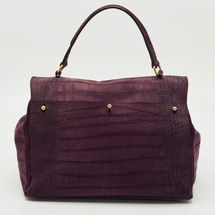 Pre Owned Yves Saint Laurent Purple Croc Embossed Leather and Suede Muse Two Top Handle Bag