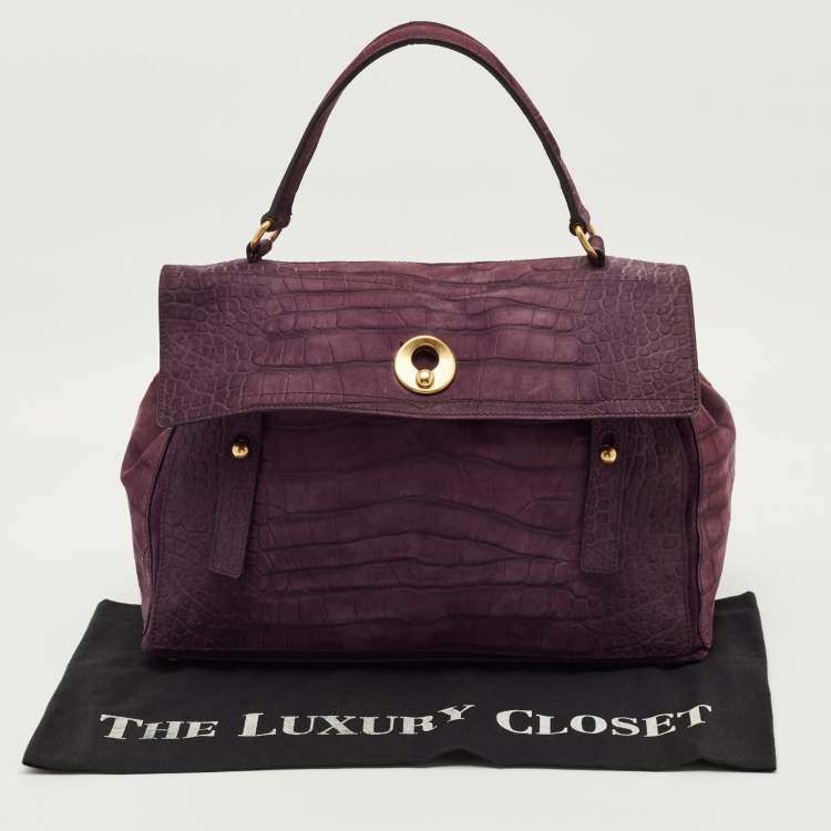 Pre Owned Yves Saint Laurent Purple Croc Embossed Leather and Suede Muse Two Top Handle Bag
