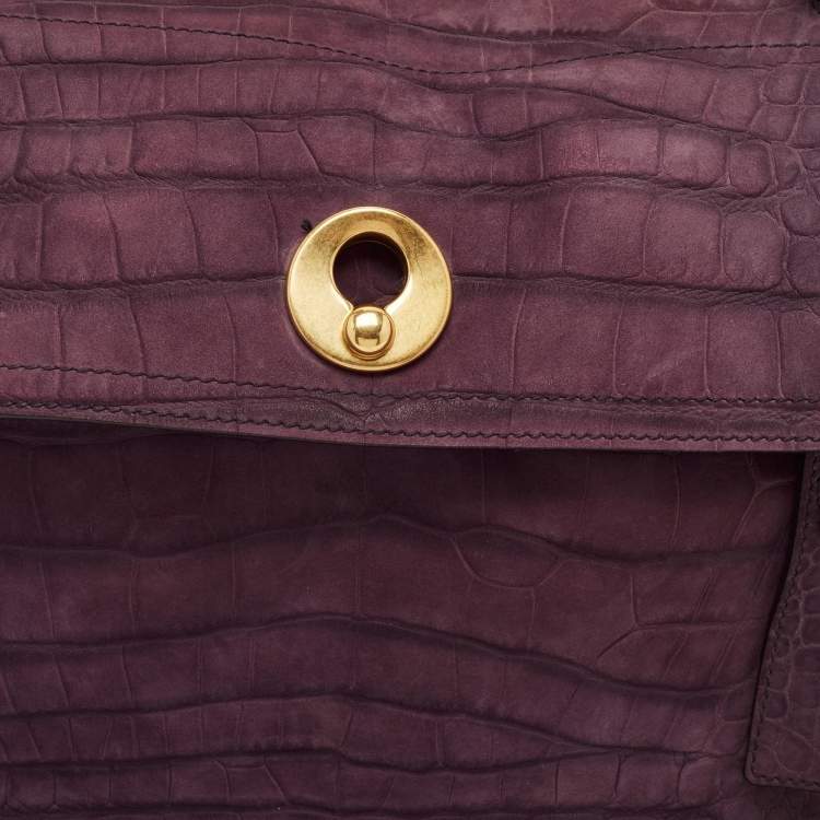 Pre Owned Yves Saint Laurent Purple Croc Embossed Leather and Suede Muse Two Top Handle Bag