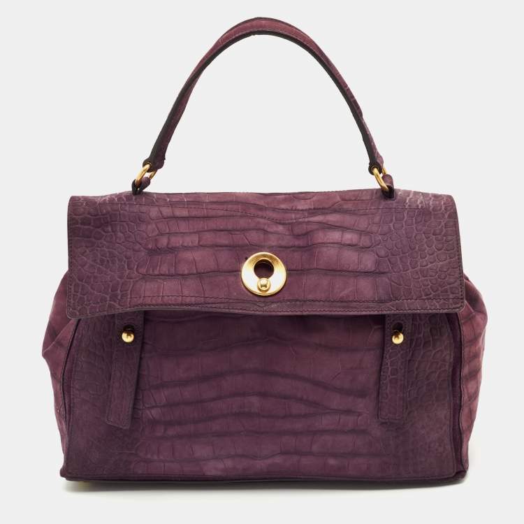 Pre Owned Yves Saint Laurent Purple Croc Embossed Leather and Suede Muse Two Top Handle Bag