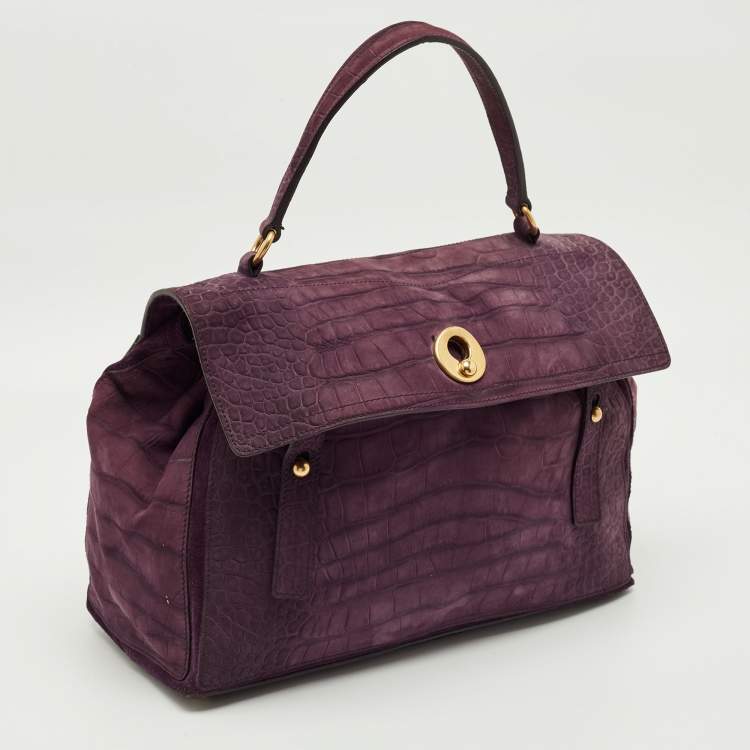 Pre Owned Yves Saint Laurent Purple Croc Embossed Leather and Suede Muse Two Top Handle Bag