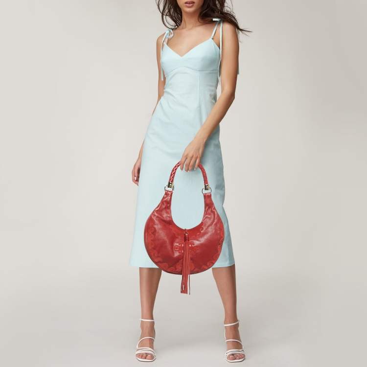 Pre Owned Yves Saint Laurent Red Leather and Suede Tassel Hobo