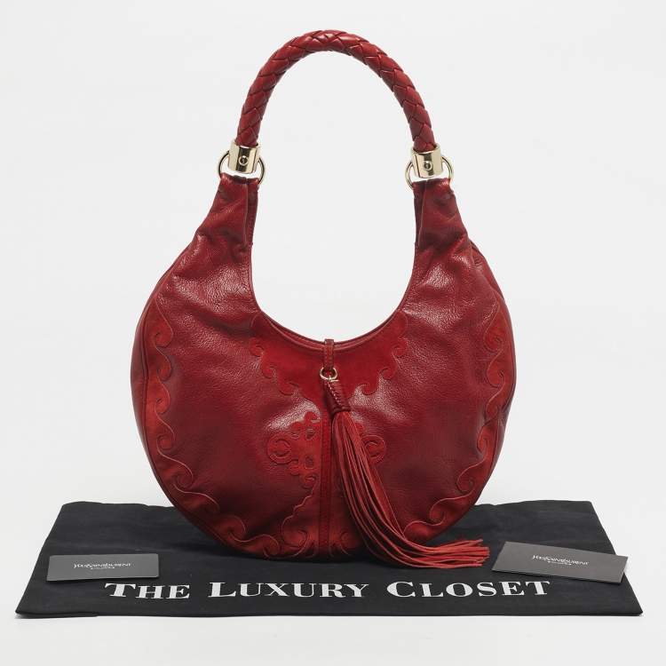 Pre Owned Yves Saint Laurent Red Leather and Suede Tassel Hobo