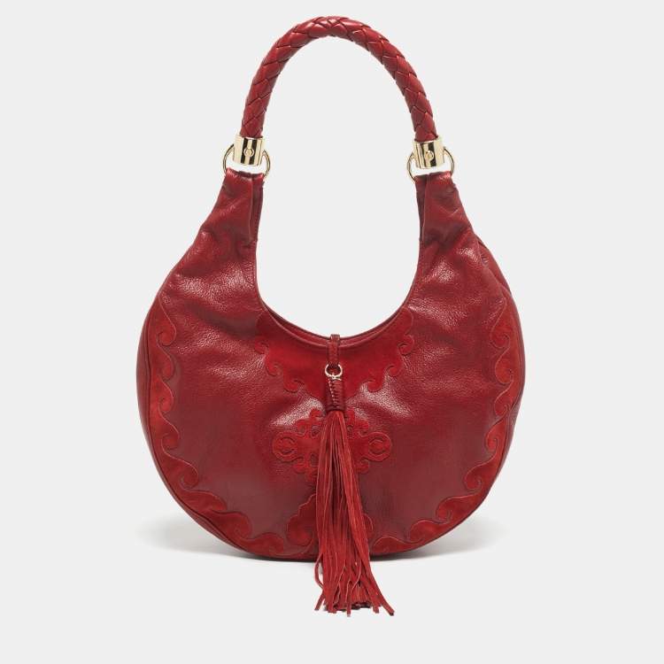 Pre Owned Yves Saint Laurent Red Leather and Suede Tassel Hobo