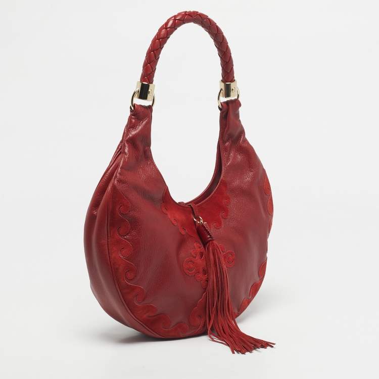 Pre Owned Yves Saint Laurent Red Leather and Suede Tassel Hobo