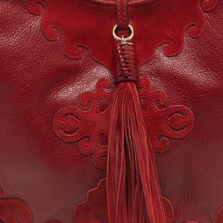 Pre Owned Yves Saint Laurent Red Leather and Suede Tassel Hobo