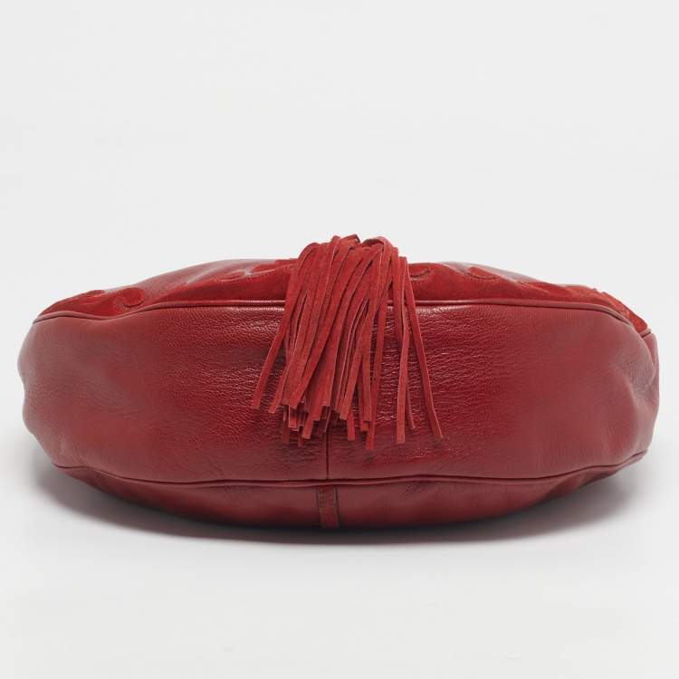 Pre Owned Yves Saint Laurent Red Leather and Suede Tassel Hobo
