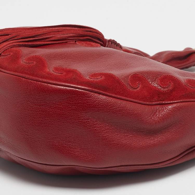 Pre Owned Yves Saint Laurent Red Leather and Suede Tassel Hobo