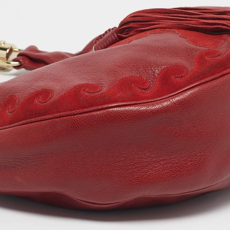 Pre Owned Yves Saint Laurent Red Leather and Suede Tassel Hobo