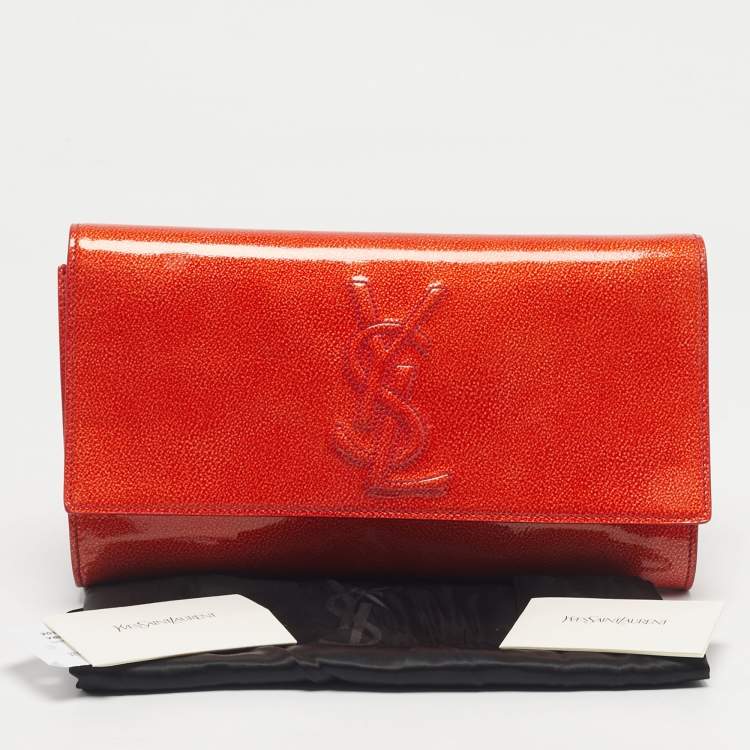 Pre Owned Yves Saint Laurent Orange Patent Leather Belle De Jour Flap Clutch