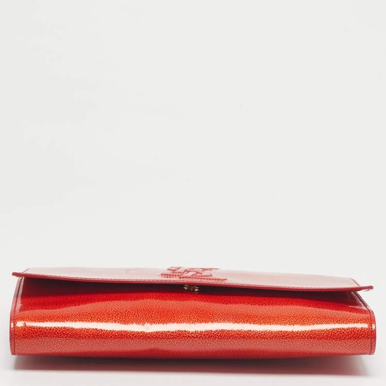 Pre Owned Yves Saint Laurent Orange Patent Leather Belle De Jour Flap Clutch
