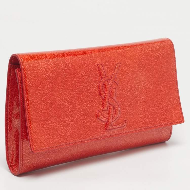 Pre Owned Yves Saint Laurent Orange Patent Leather Belle De Jour Flap Clutch