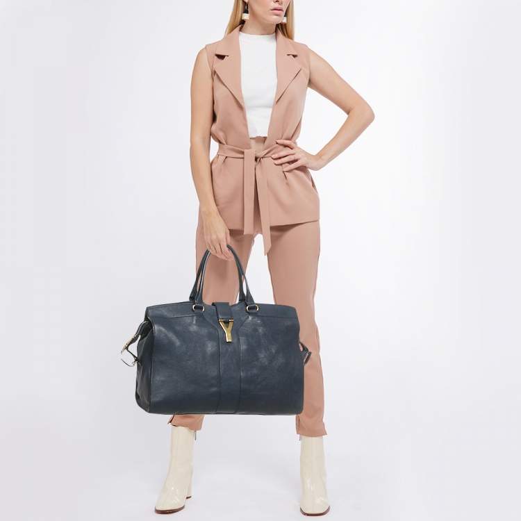 Pre Owned Yves Saint Laurent Navy Blue Leather Large Cabas Chyc Tote