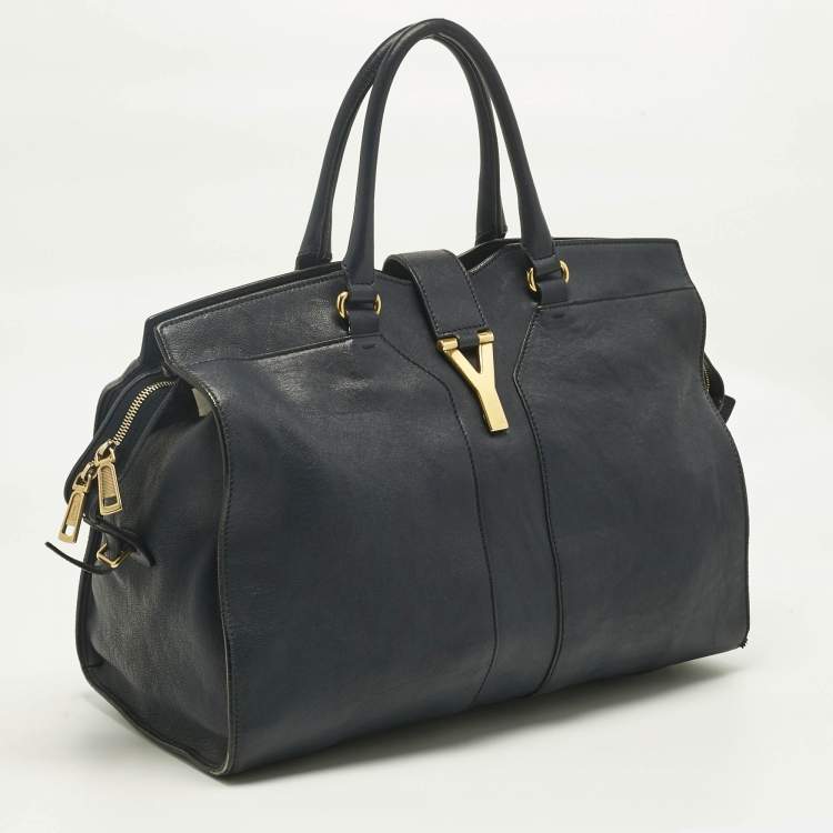 Pre Owned Yves Saint Laurent Navy Blue Leather Large Cabas Chyc Tote