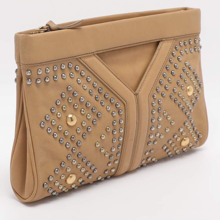 Pre Owned Yves Saint Laurent Beige Leather Studded Clutch