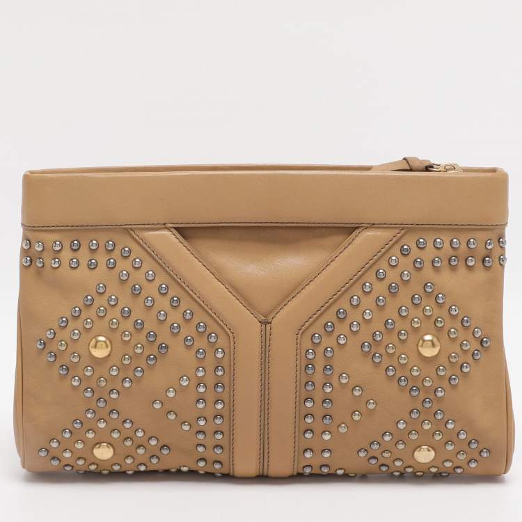 Pre Owned Yves Saint Laurent Beige Leather Studded Clutch