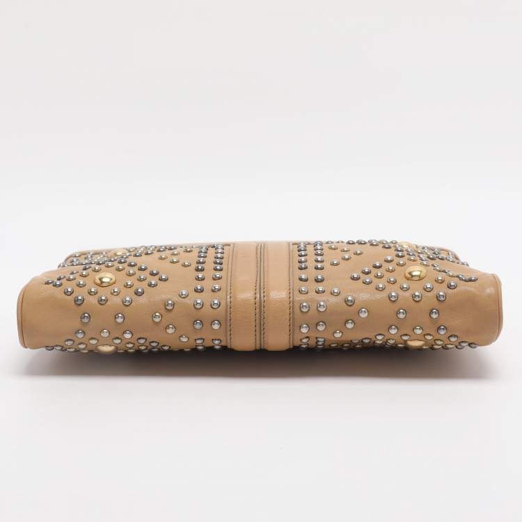 Pre Owned Yves Saint Laurent Beige Leather Studded Clutch