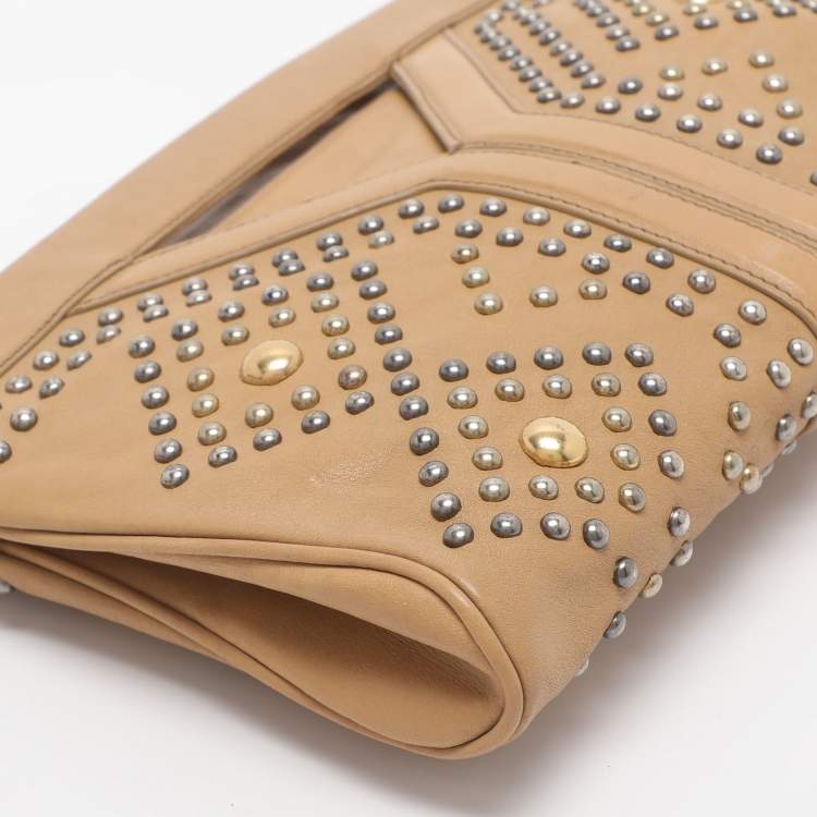 Pre Owned Yves Saint Laurent Beige Leather Studded Clutch